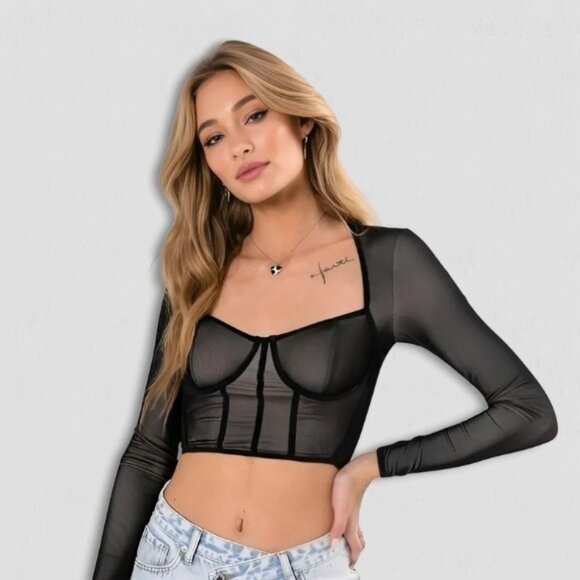 Edikted Megan Mesh Structured Corset Crop Top Long Sleeve Sheer Lined Black sz M - Picture 1 of 11